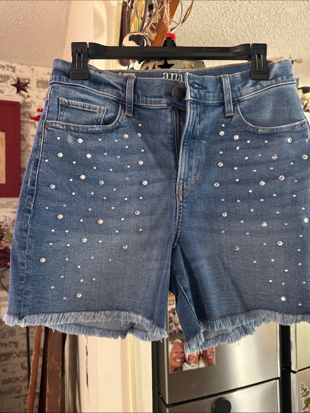 a.n.a Blue Rhinestone-Studded Denim Shorts